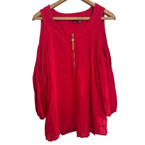 Ellen Tracy womens red Linen cold shoulder short sleeve blouse size Large. - Picture 8 of 8